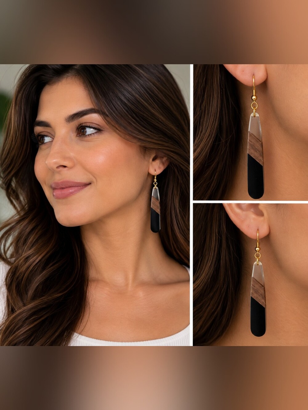 Gold Hook Drop Earrings with Black and Brown Inlay